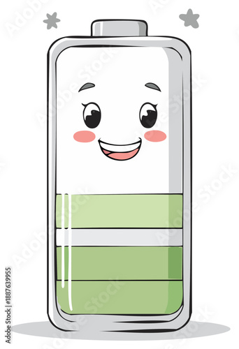 Happy cartoon battery character with a full charge showing a cheerful face and bright energy sparks