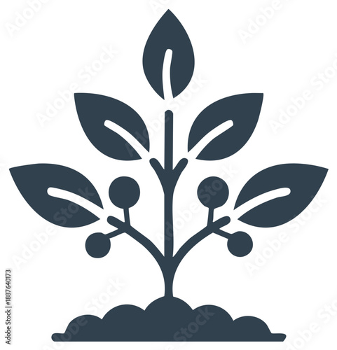 Stylized plant with leaves and berries growing from the soil in a simple icon design