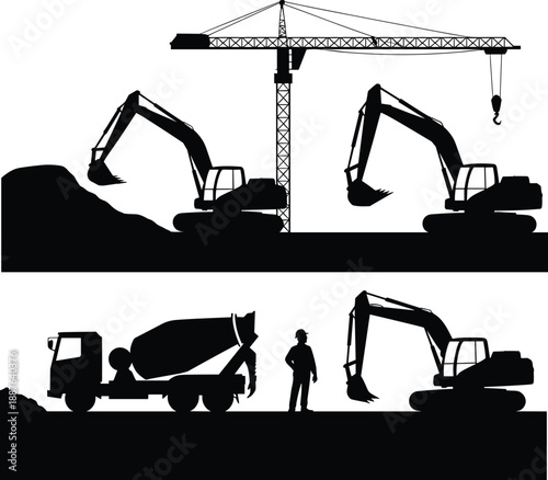 Construction site silhouettes with tower crane excavators concrete mixer truck and worker showcasing heavy machinery industrial building development and infrastructure engineering concept