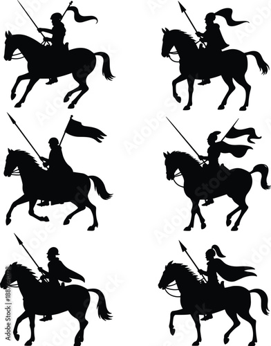 Medieval knight on horseback silhouettes set, armored warrior with lance in dynamic poses, historical cavalry illustration for heraldry, logo, emblem, and design use