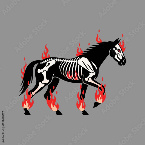 Artistic illustration of a horse with a skeleton and flames on a gray background.