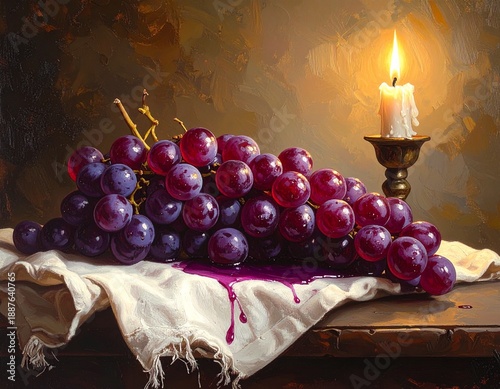 18th-century inspired still life oil painting of overripe red grapes bursting with juice on white cloth beside glowing candle in ornate holder, dramatic vintage composition