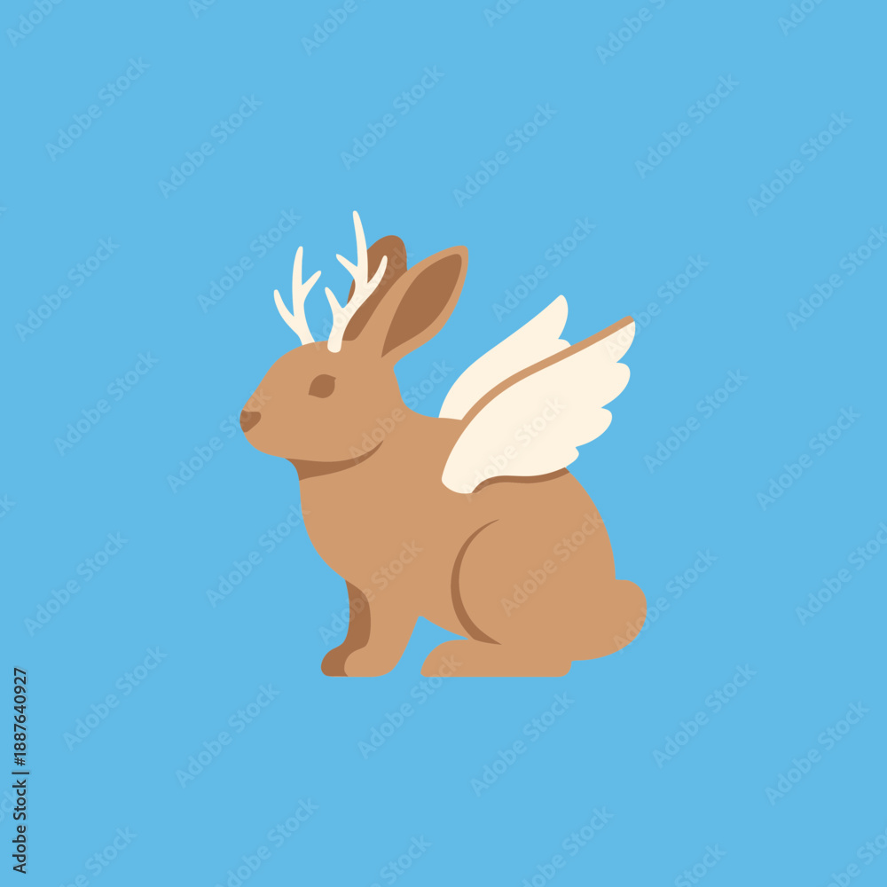 Obraz premium Cartoon rabbit with antlers and wings on a blue background.
