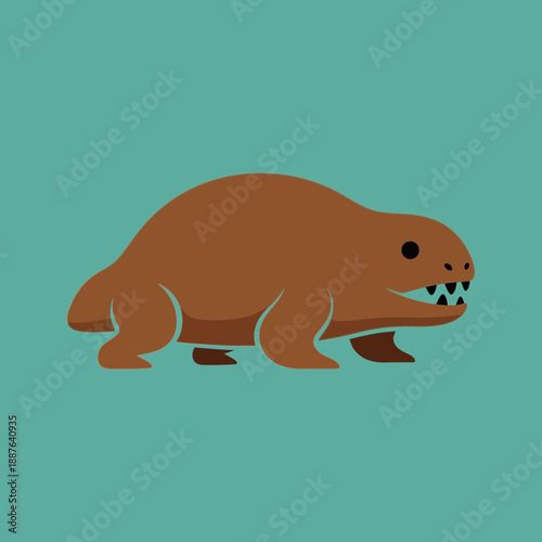 Cartoon illustration of a brown crocodile with black eyes and sharp teeth.