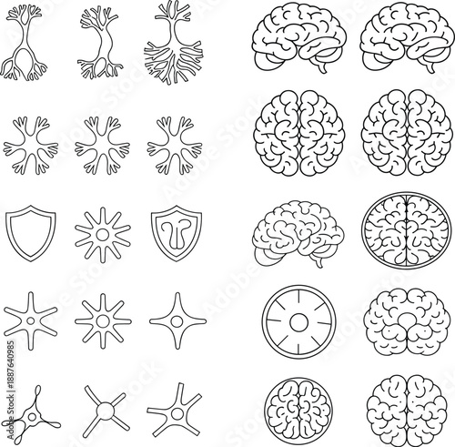 Minimal blue line neuroscience icon set featuring human brain views neurons synapses medical symbols science research education interface design vector illustration isolated collection