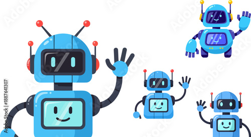 Friendly collection of various sizes of cute light blue cartoon robots waving hello with digital screens displaying happy faces in different poses.
