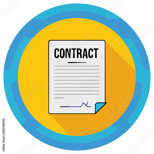 Flat design icon of a signed contract document within a blue and yellow circular frame
