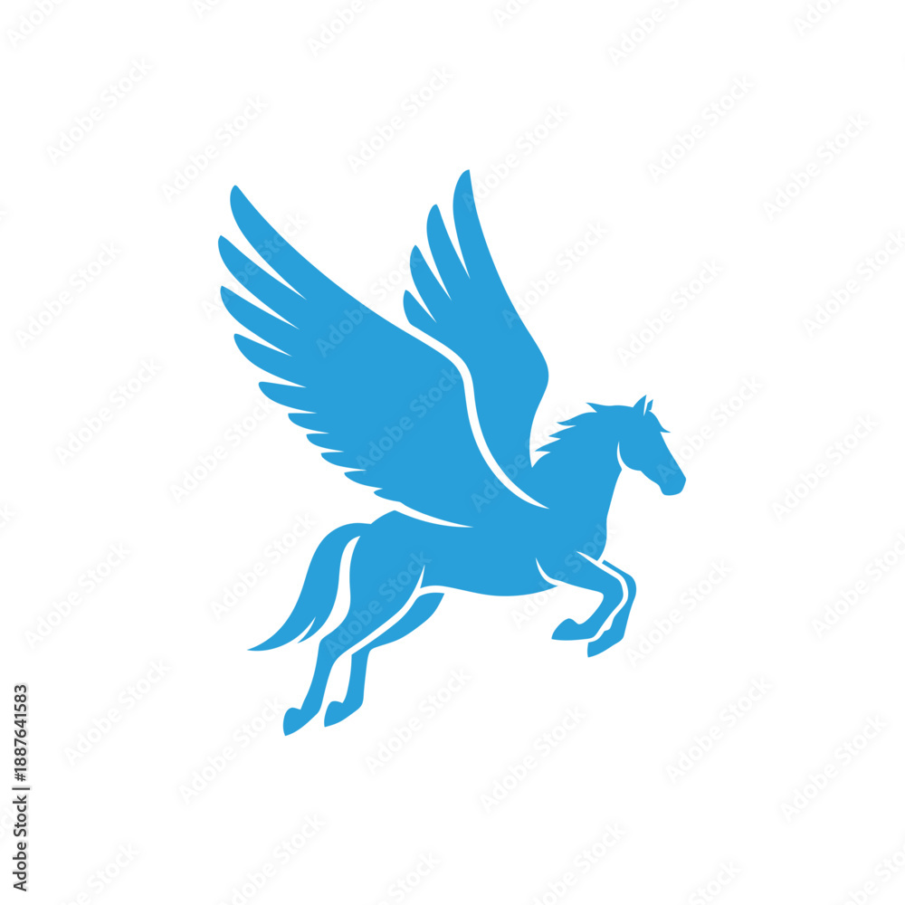 Obraz premium Blue stylized Pegasus with wings spread, depicted in a graphic design style.