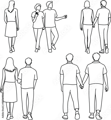 Minimal line art illustration of couples walking together from back view, romantic relationships, friendship and companionship concept, modern outline style for lifestyle and social themes
