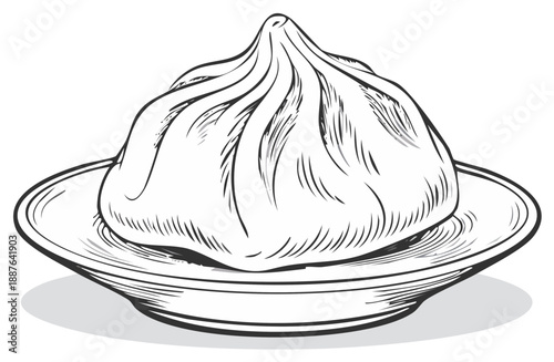 Illustration of a single steamed dumpling on plate, food, vector, monochrome