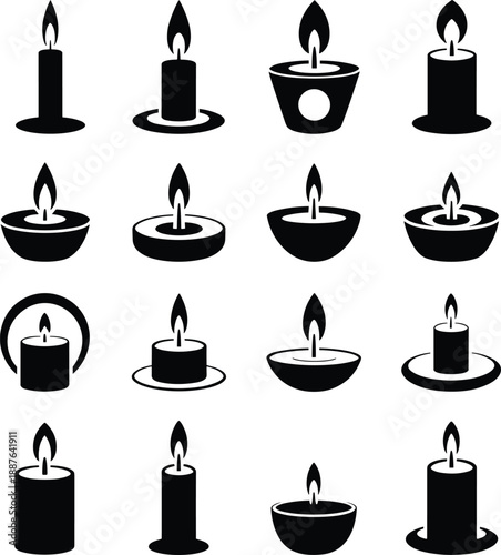 Set of black candle icons with burning flames, minimalist silhouette collection for religious ceremony, meditation, memorial design, spa decoration, spiritual symbols,