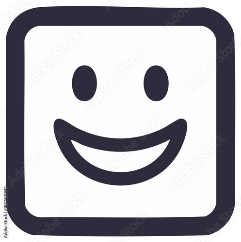 Smiling face icon inside square shape with rounded corners, isolated, black outline.