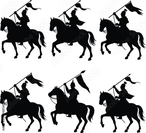 Set of black silhouette medieval horse warriors carrying flags, dynamic cavalry riders illustration isolated on white background for history, battle, army, and heraldry design