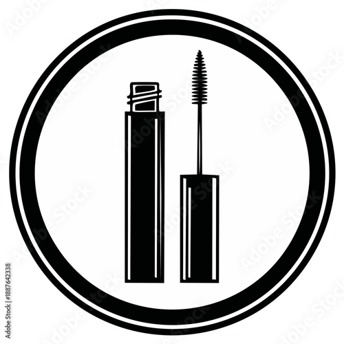 Mascara brush and tube, vector icon, beauty care product in a black circle