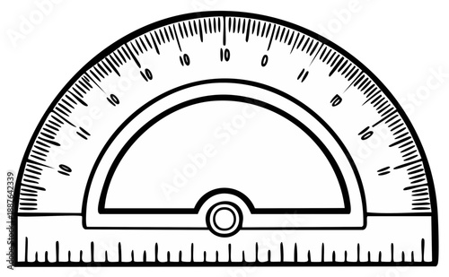Illustration of a black and white protractor tool for geometry and mathematics