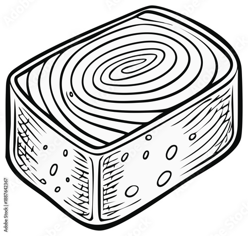 Detailed line drawing of a cheese block with spiral texture on top