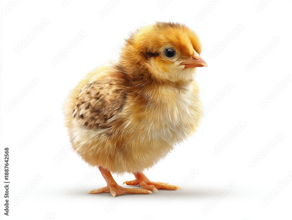Fototapeta premium Fluffy Yellow Chick with Brown Spots Standing on White Background Soft Light