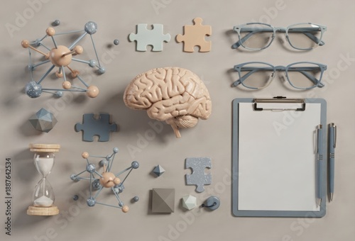 Conceptual representation of cognitive processes featuring a brain model surrounded by creative elements puzzles geometric shapes and eyewear symbolizing thought organization and innovation