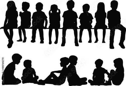 Silhouettes of children sitting and playing together, kids group outlines, childhood friendship concept, education teamwork illustration, playful youngsters isolated on white background