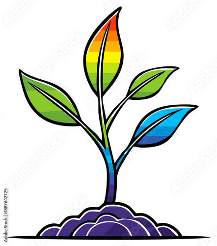 Colorful seedling growing in soil, rainbow colored leaves in cartoon style symbolizing growth and diversity
