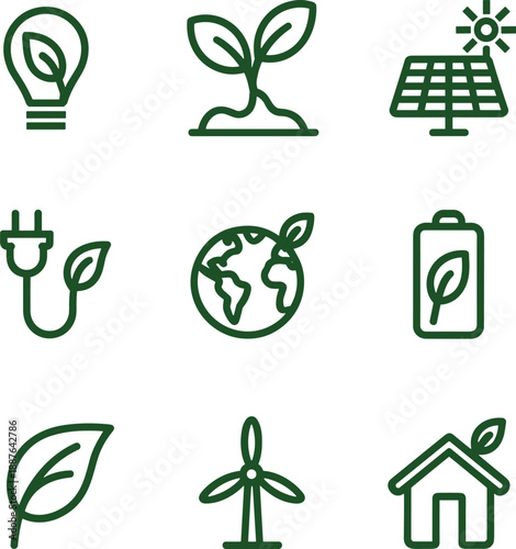 Sustainable energy and eco lifestyle line icons set featuring renewable power, green technology, environmental protection, clean energy solutions, and ecology symbols isolated on white background