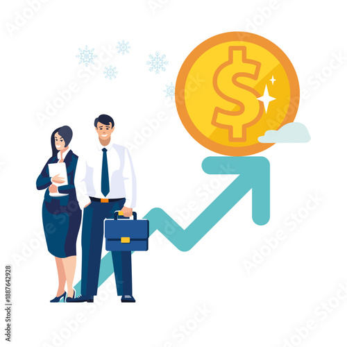 Business. Financial expert businessman and business lady analyze financial market growth. Green arrow up on it gold coin dollar, money profit growth. Investment concept, people. Vector illustration