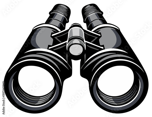 Close Up Front View Of Black Binoculars With Silver Accents On A White Background