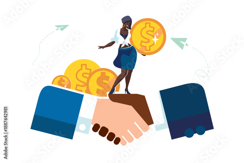 Handshake of business people. Money, african american business woman investor with gold dollar coin, business concept, parties agreement. Signing documents. Successful contract. Vector illustration