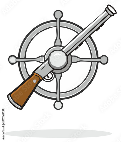Antique Weapon with Navigation Wheel Design Vintage Illustration Element of a gray firearm crossing with a circular helm symbol