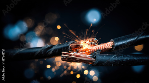 severed. Severed electrical cable with sparks from exposed copper wires. product launch decks, UI/UX mockups, designed for product launches and innovation pitches, highlights innovation.
