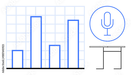 Data analysis, podcasting, presentations, business metrics, communication, content creation. A bar chart, a microphone icon and a desk illustration. Data analysis and podcasting concept