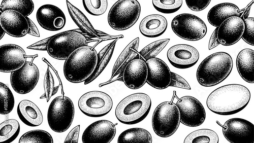 Wooden Engraving Olive on White Background