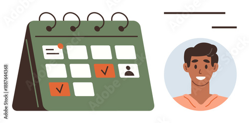 Time management, appointment scheduling, personal planning, daily organization, task prioritization, office tools. Green calendar with marked dates and a smiling profile icon. Time management