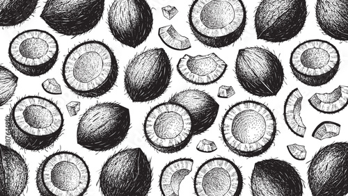 Wooden Engraving Coconut on White Background