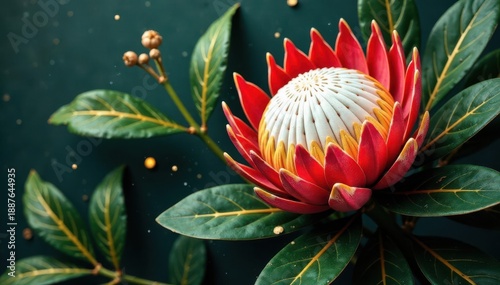 Hand-painted protea & leaves, gold crystal accents , rose, celebration