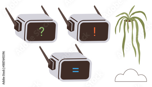 Artificial intelligence, chatbot assistance, technology communication, user support systems, environmental balance, future tech. Three chatbot screens with symbols, a plant and a cloud. AI