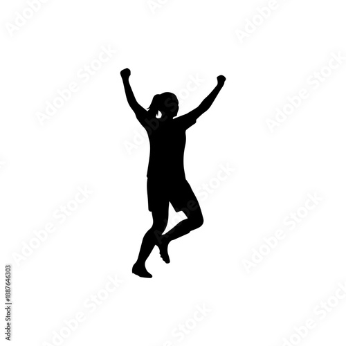 Black silhouette of female soccer player celebrating a goal. Vector illustration of woman athlete jumping in victory. Isolated sport symbol