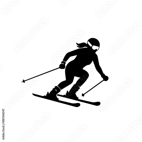 Black silhouette of female skier racing downhill. Winter sport and alpine skiing vector icon. Isolated woman athlete figure