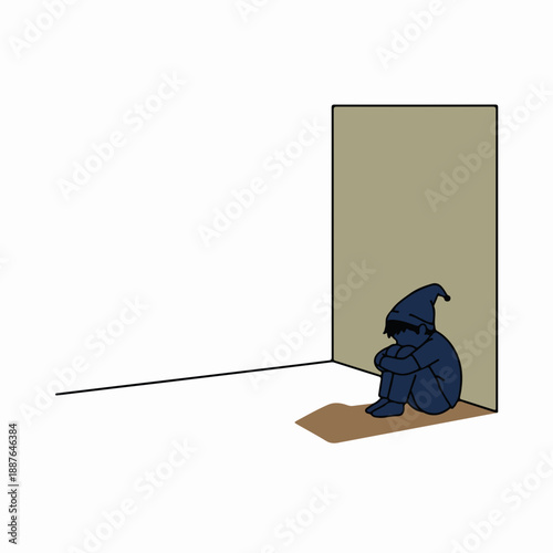 Child sitting alone in a corner. Sad boy in timeout or experiencing loneliness. Minimalist flat design vector illustration