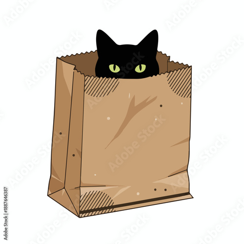 Black cat peeking out of a brown paper bag. Vector illustration of a cat silhouette hiding in a grocery bag. Flat design isolated on white background
