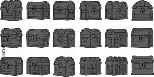 Collection of Vintage Wooden Treasure Chests, Antique Storage Box Icons for Pirate Adventure Games, Mystery Quests, and Fantasy Illustration Graphic Design Assets Vector