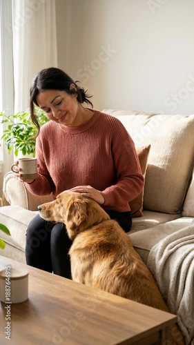Vertical video of a happy woman petting a golden retriever dog on a sofa. Person relaxing at home with a cup of coffee. Lifestyle and pet companionship concept