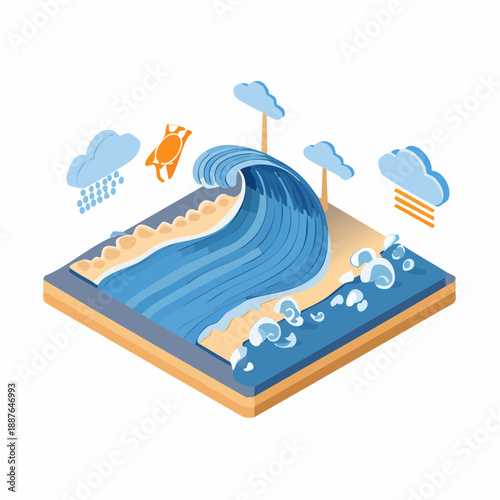Isometric Illustration of a Tsunami Wave Hitting a Beach with Weather Icons.