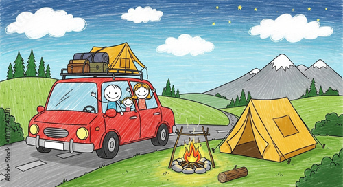 Happy couple driving red car on road trip to mountains with camping gear.