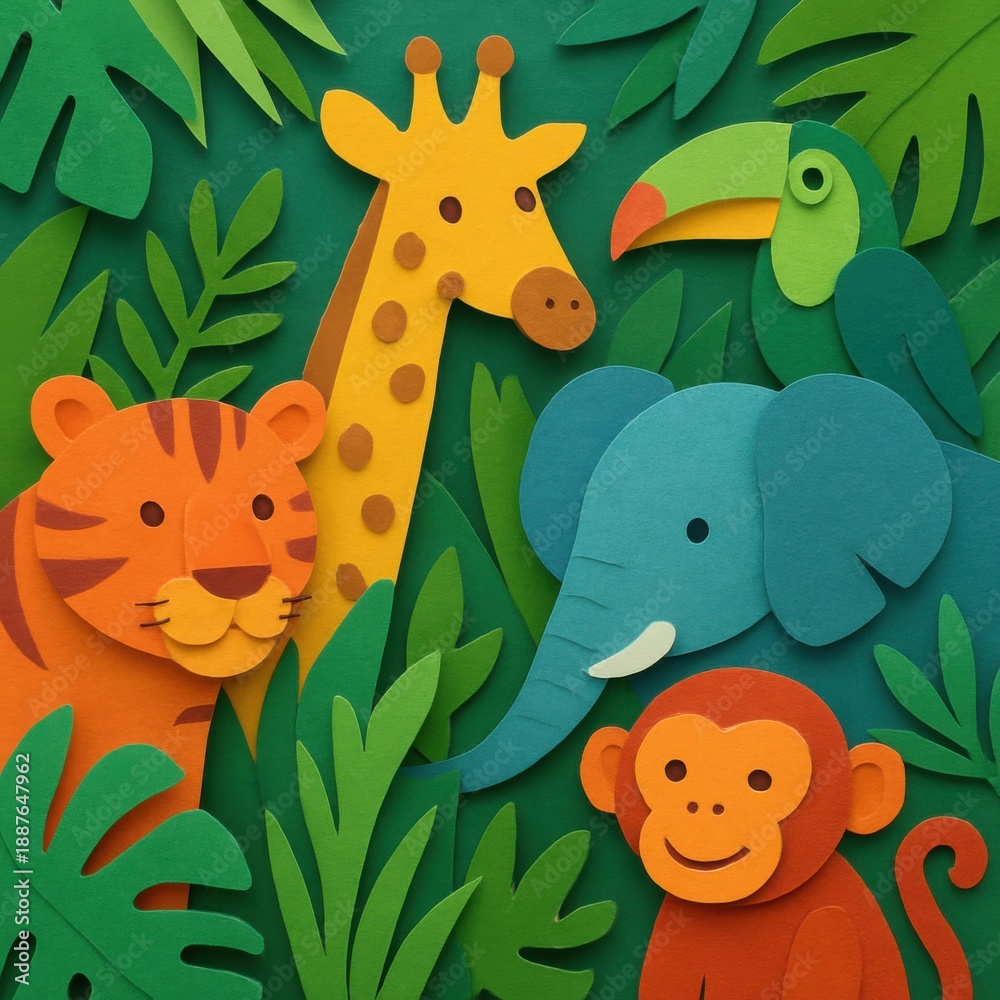 Fototapeta premium Vibrant jungle animals crafted from layered paper, creating a whimsical illustration