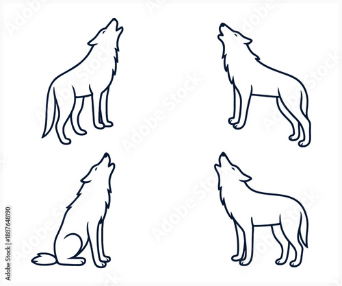Four howling wolf illustrations in simple line art style