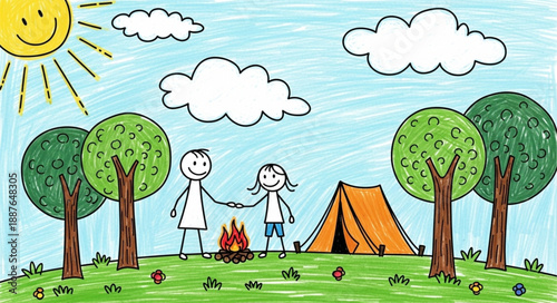 Childrens drawing of a family camping trip in nature.