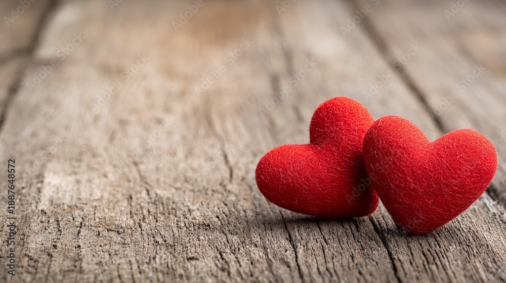 Fototapeta premium Romantic valentine background with two red hearts on wood