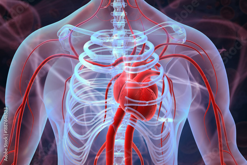 Fotografía 3D Anatomical Render of Human Circulatory System with Central Heart Focus
