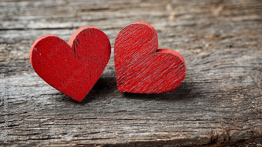 Fototapeta premium Romantic valentine background with two red hearts on wood